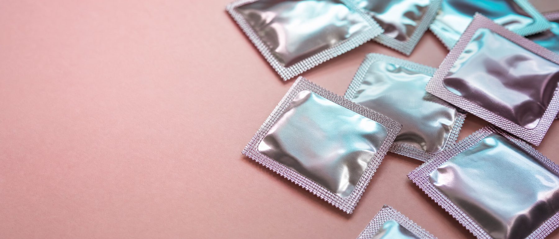 Thinnest condoms in their wrappers, close up